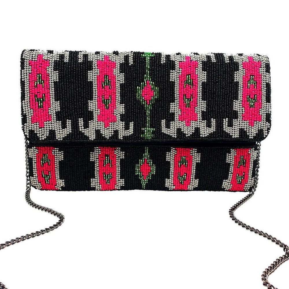 Black Fuchsia Ikat Pattern Boho Beaded Clutch Crossbody Bag Bohemian Vibe NEW